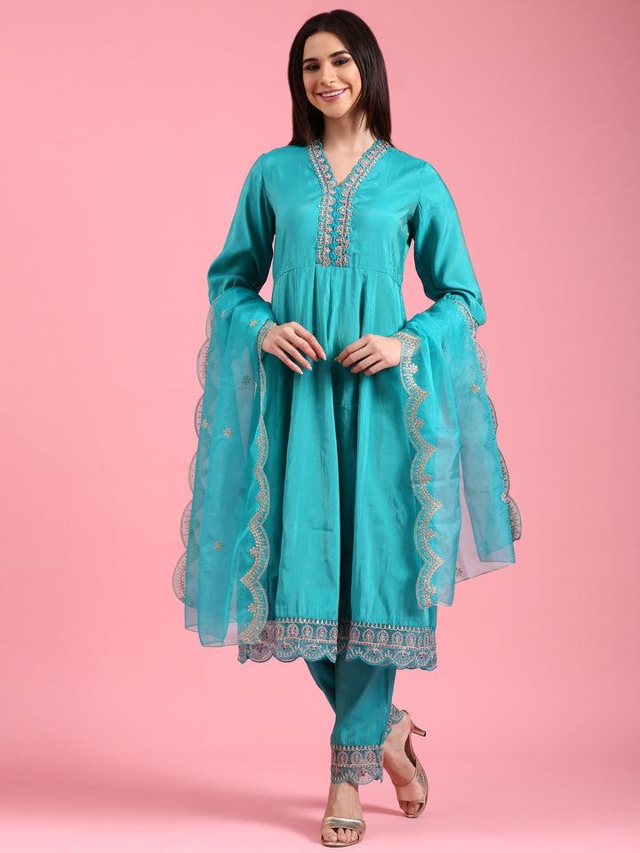 Neerus Green silk woven anarkali suit set - front view