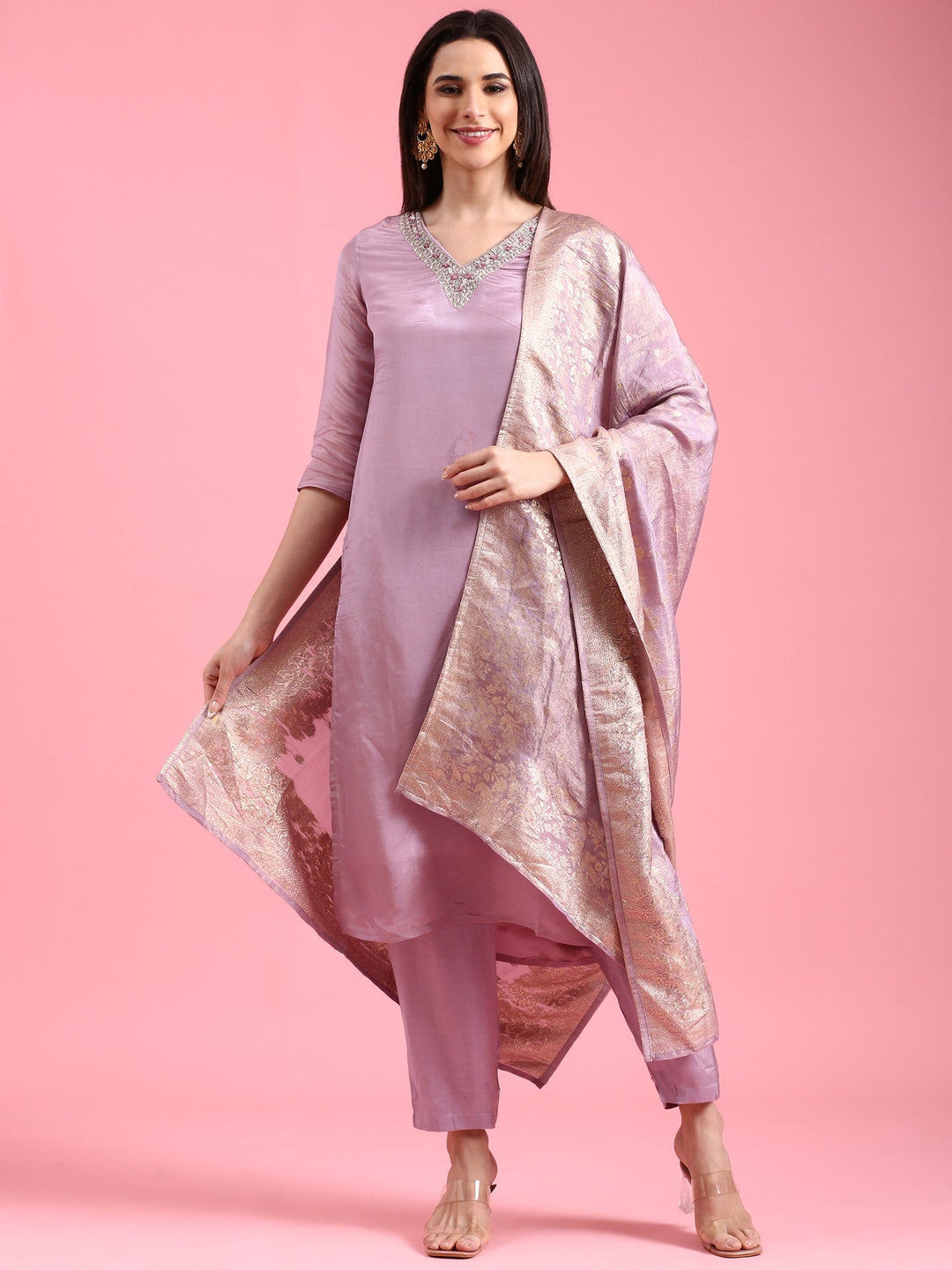 Neerus Purple tissue hand embroidered suit set - front view