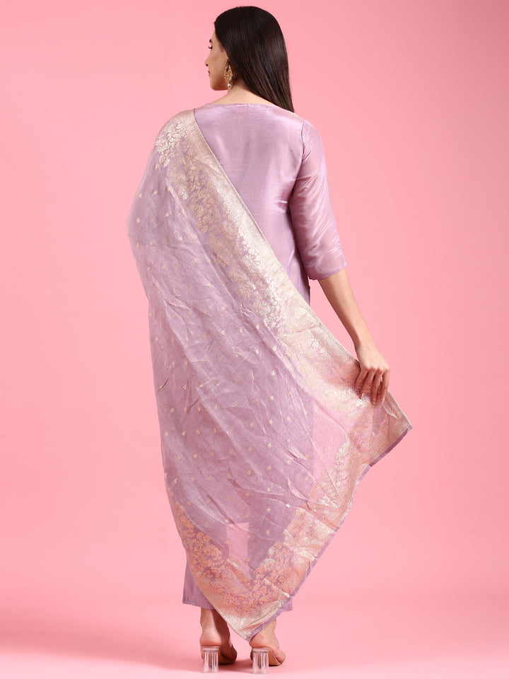 Lilac Tissue Hand Embroidery Three Piece Suit Set