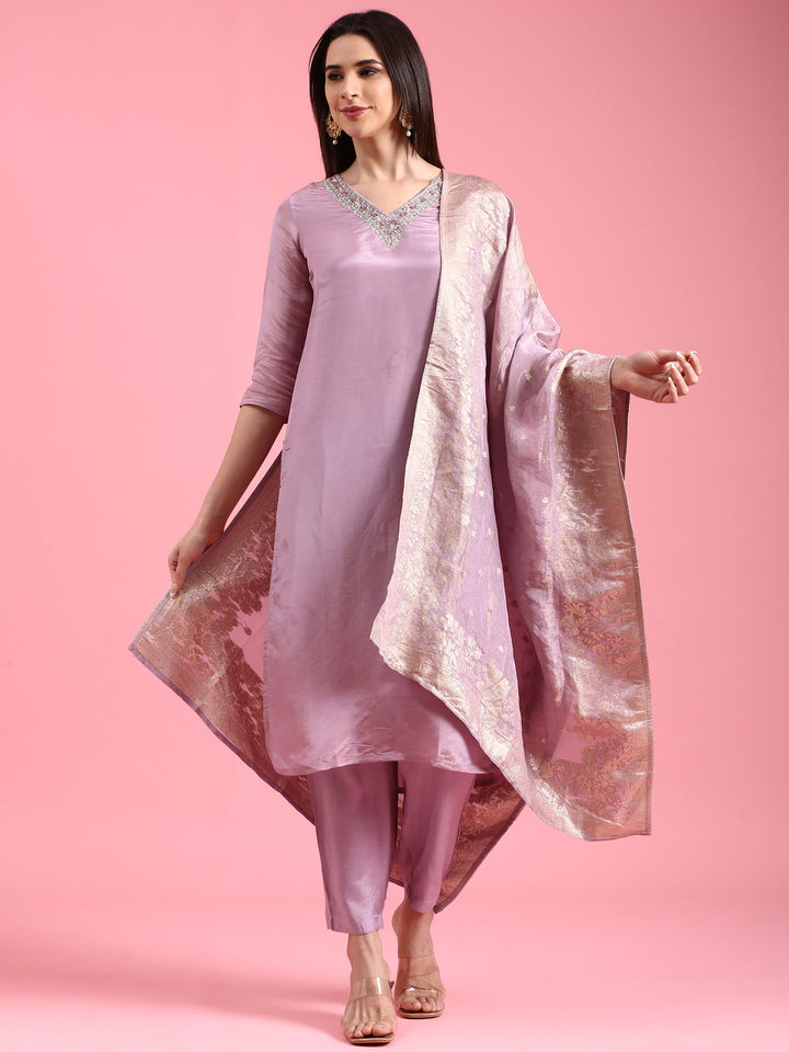 Lilac Tissue Hand Embroidery Three Piece Suit Set