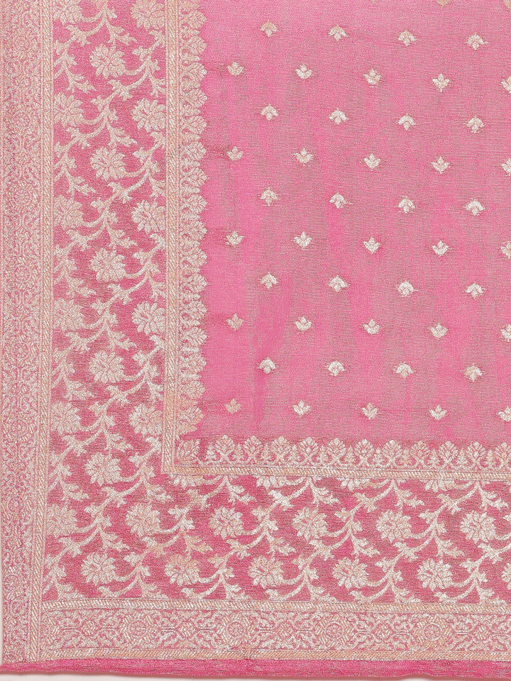 Pink Tissue Hand Embroidery Three Piece Suit Set