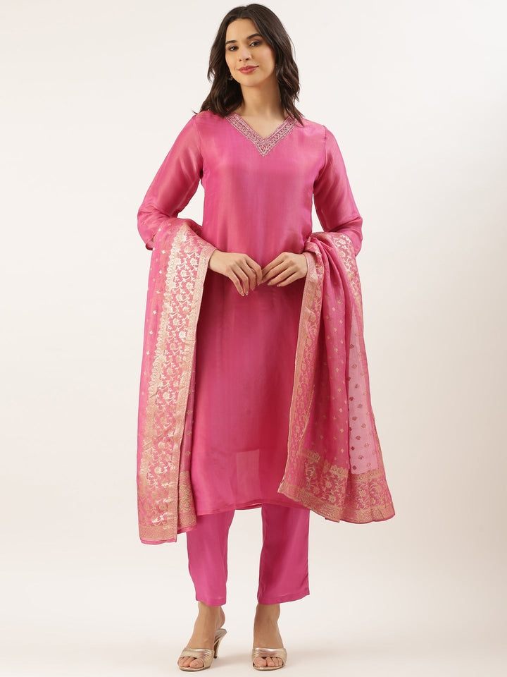 Neerus Pink tissue hand embroidered suit set - front view