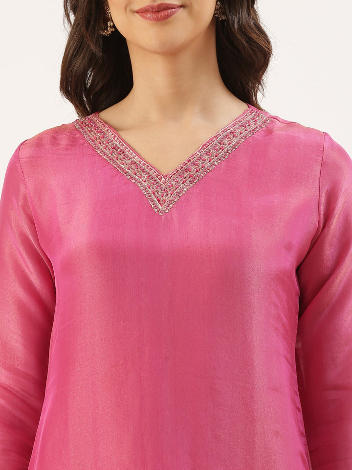 Pink Tissue Hand Embroidery Three Piece Suit Set