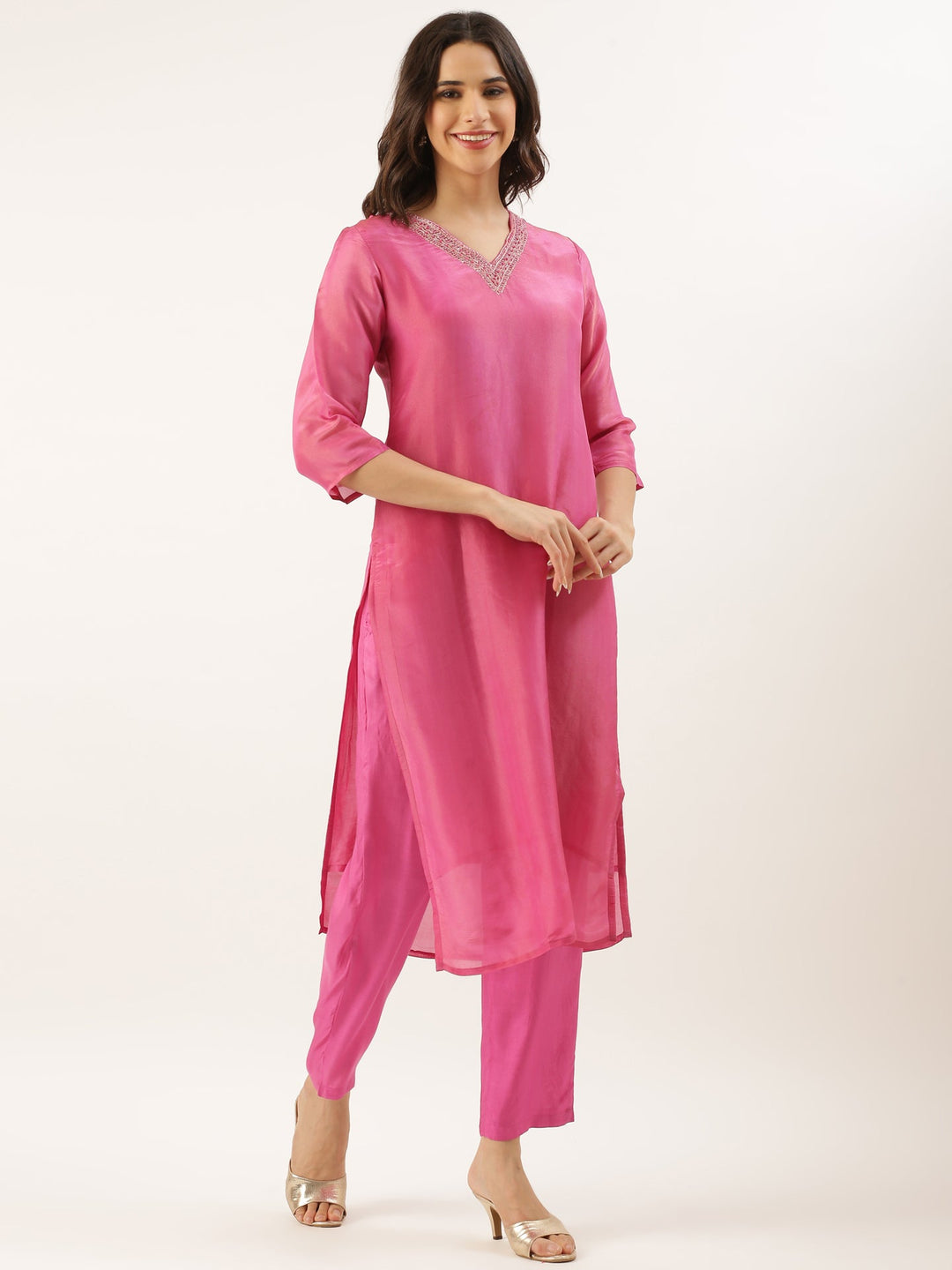 Neerus Pink tissue hand embroidered suit set - back view