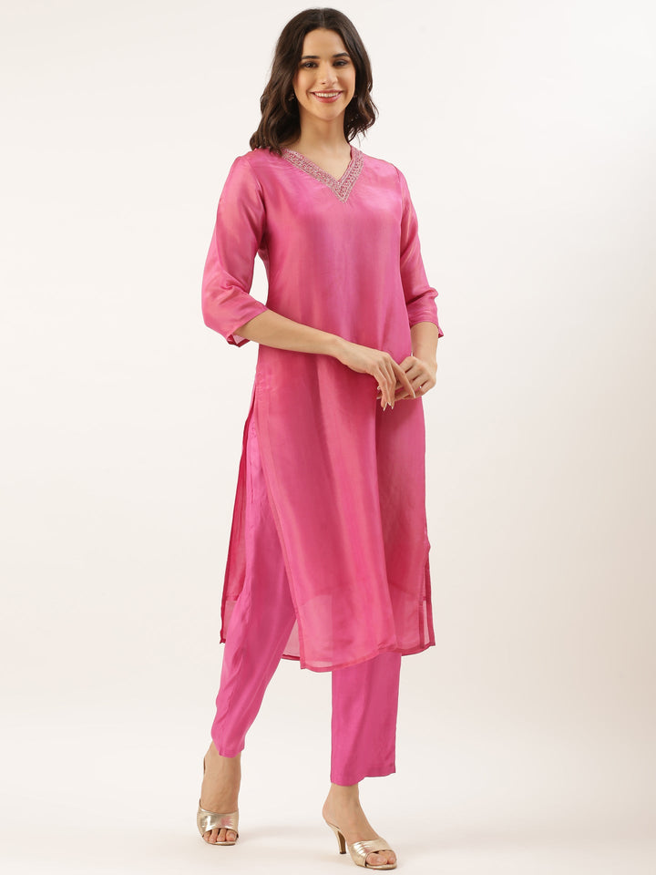 Pink Tissue Hand Embroidery Three Piece Suit Set