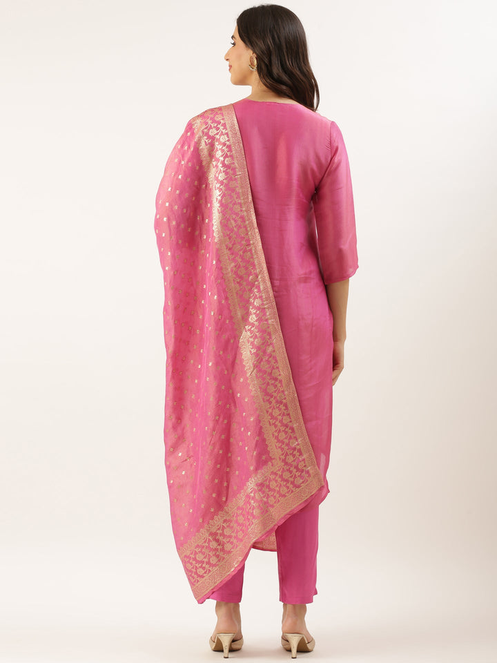 Pink Tissue Hand Embroidery Three Piece Suit Set