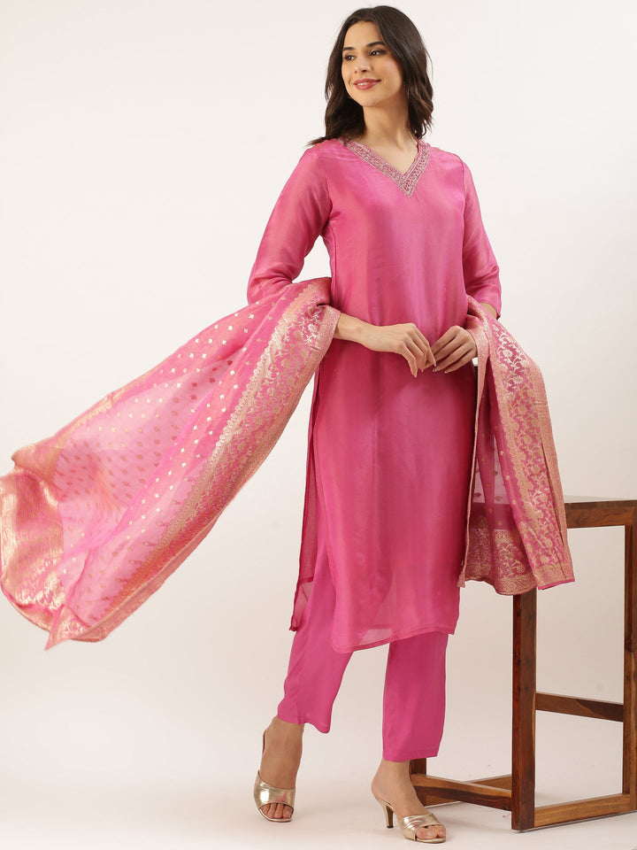 Pink Tissue Hand Embroidery Three Piece Suit Set