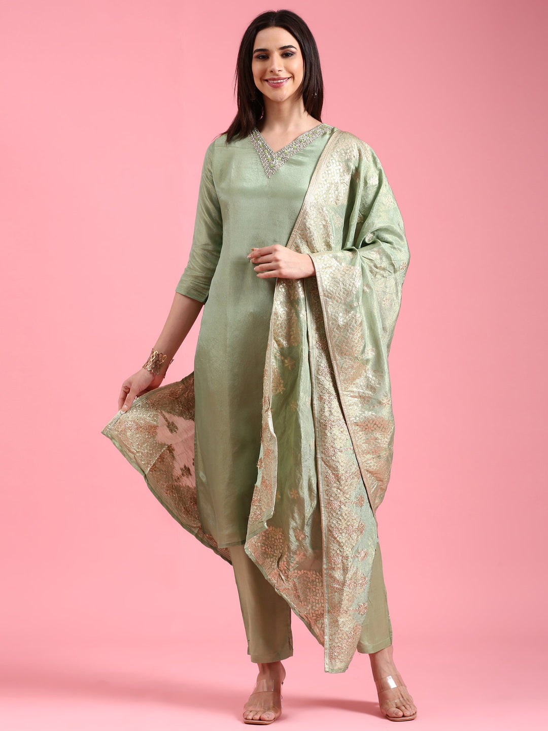 Neerus Green tissue hand embroidered suit set - front view
