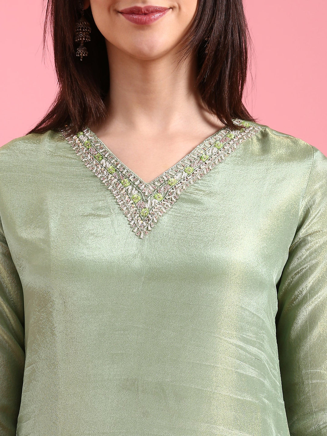 Neerus Green tissue hand embroidered suit set - detail view 1