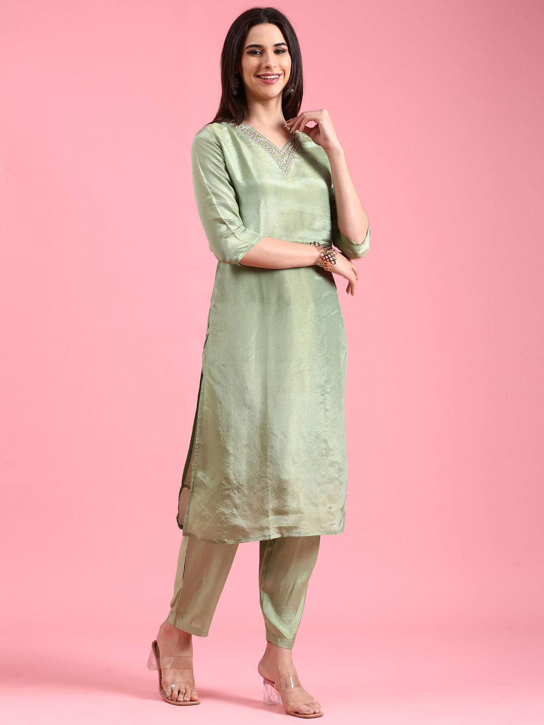 Neerus Green tissue hand embroidered suit set - back view