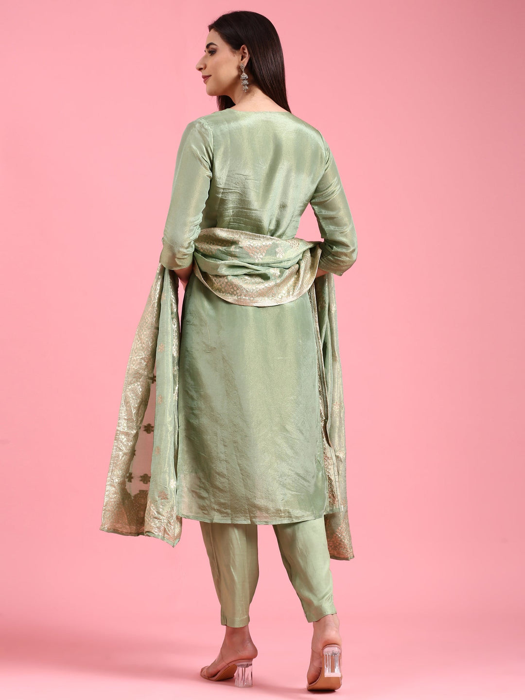Neerus Green tissue hand embroidered suit set - side view