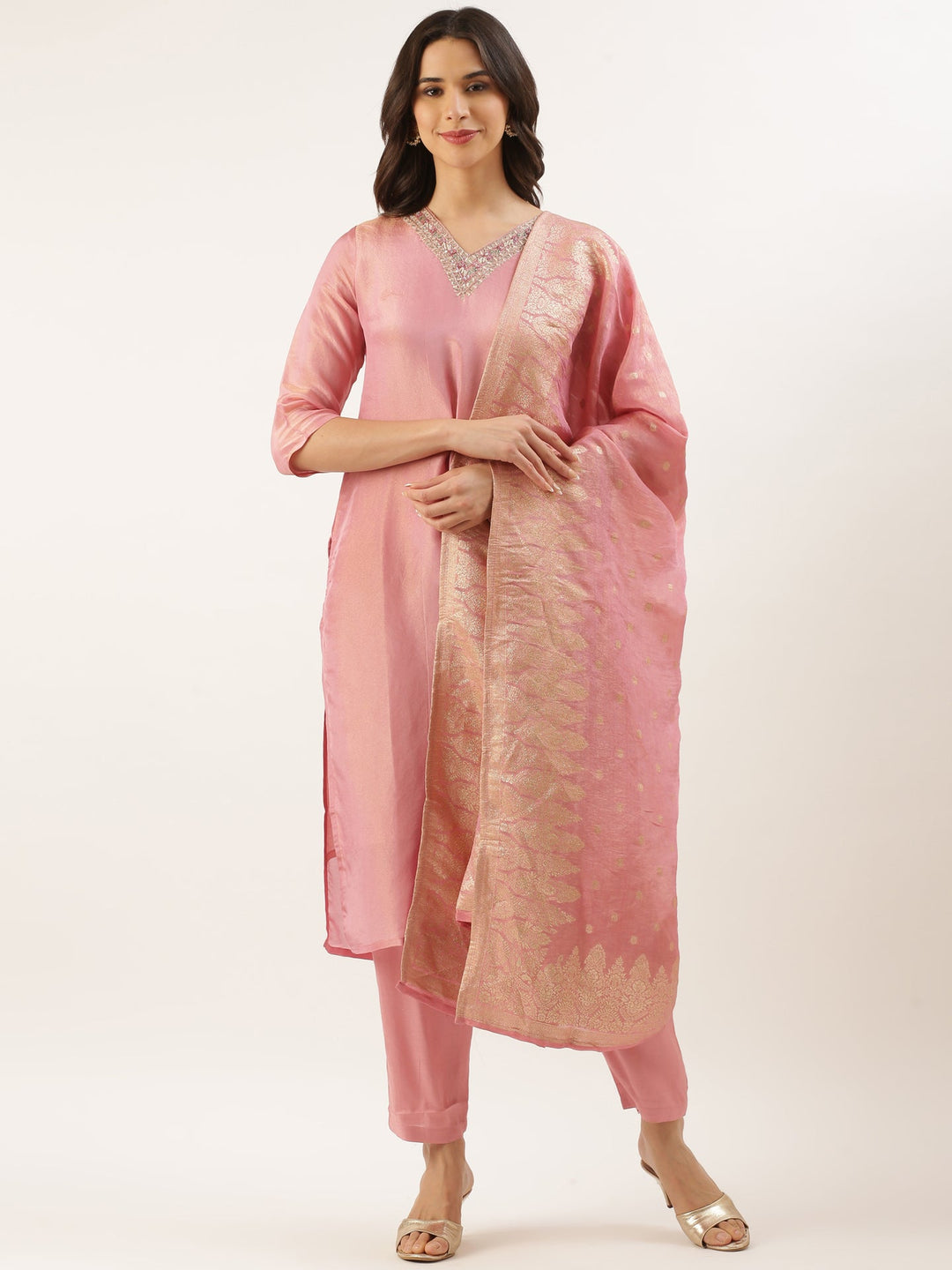 Neerus Pink tissue hand embroidered suit set - front view