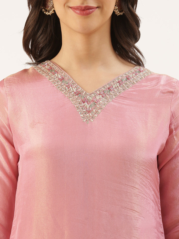 Rose Pink Tissue Hand Embroidery Three Piece Suit Set