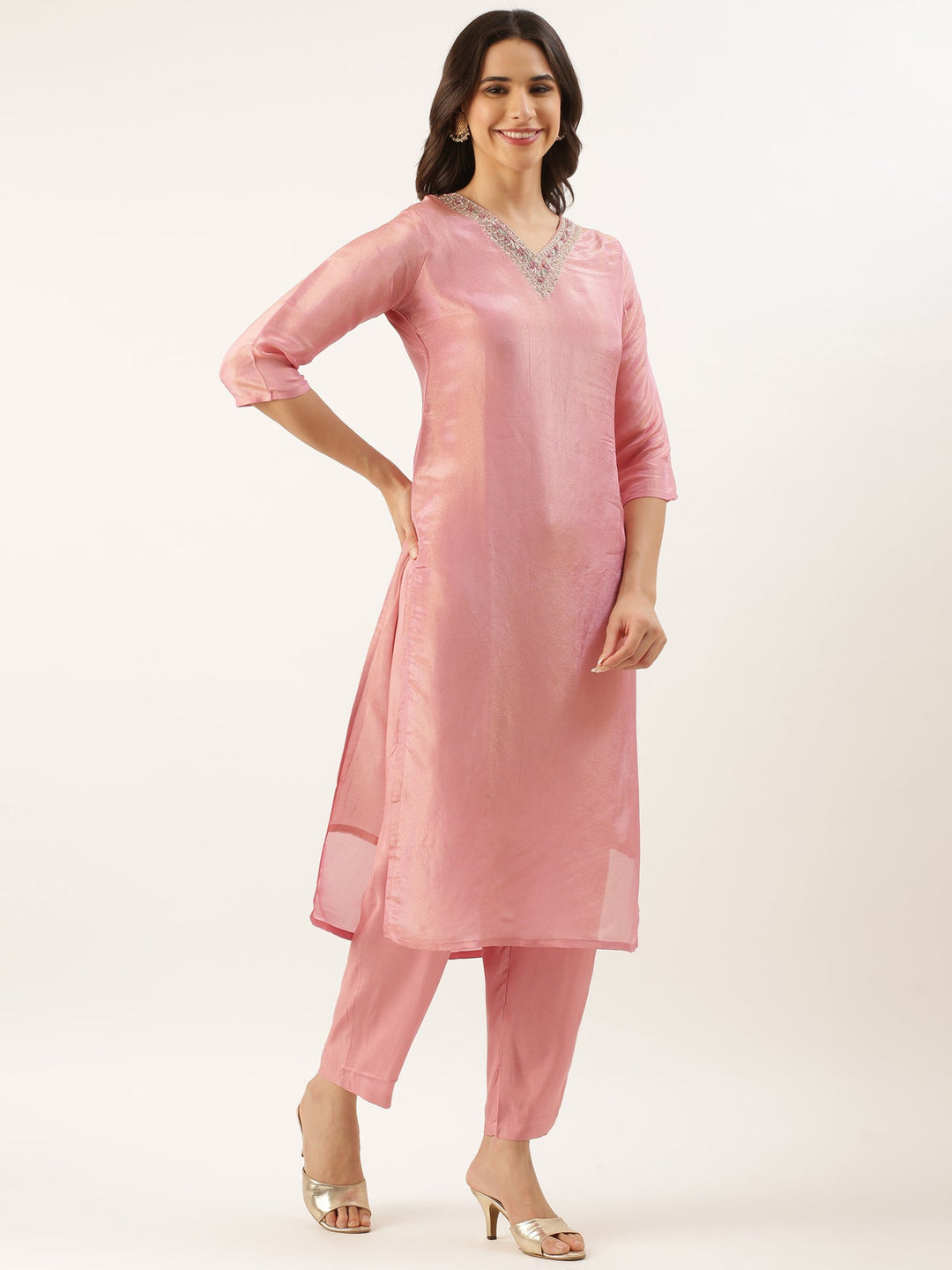 Neerus Pink tissue hand embroidered suit set - back view