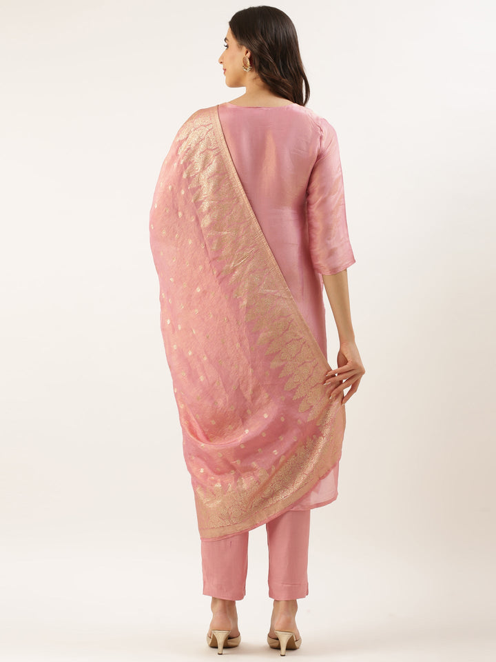 Rose Pink Tissue Hand Embroidery Three Piece Suit Set