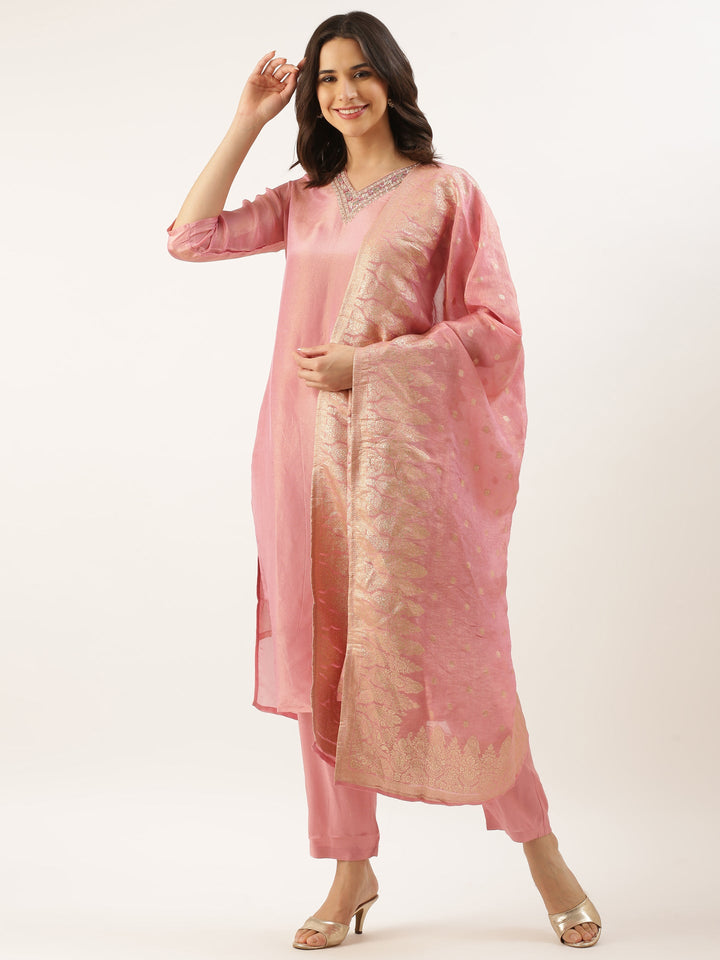 Rose Pink Tissue Hand Embroidery Three Piece Suit Set