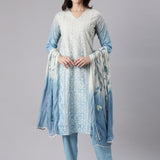 Blue Cotton Chiken Work Three Piece Set