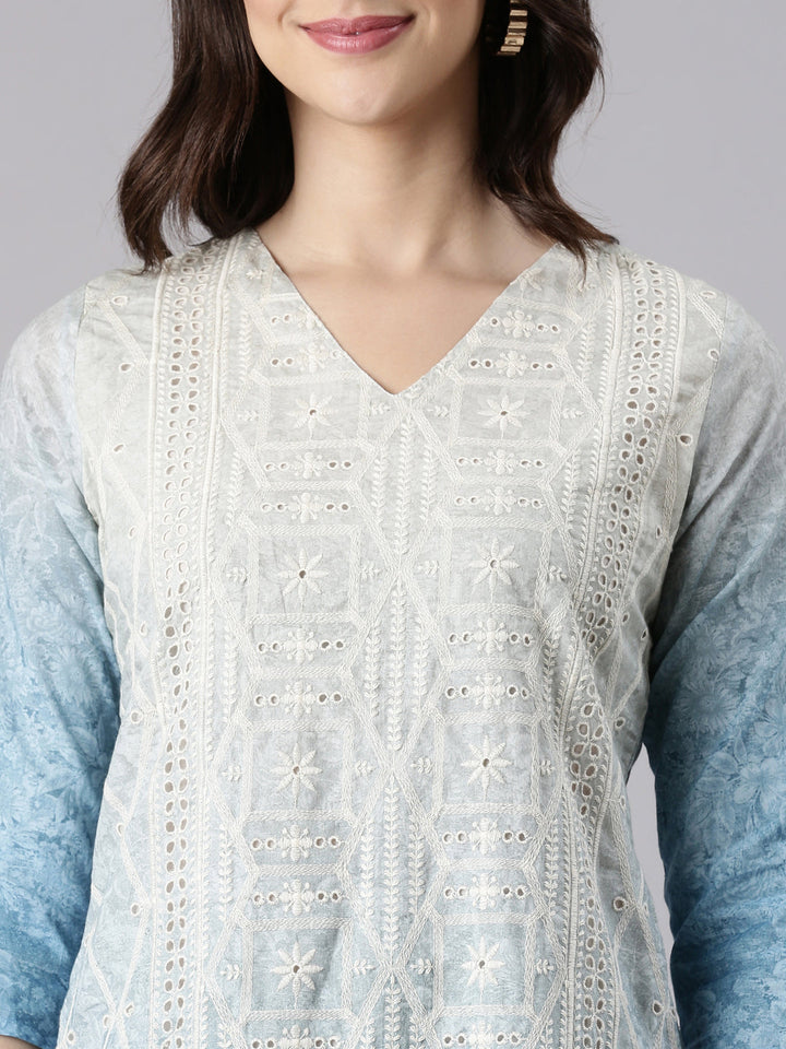 Blue Cotton Chiken Work Three Piece Set