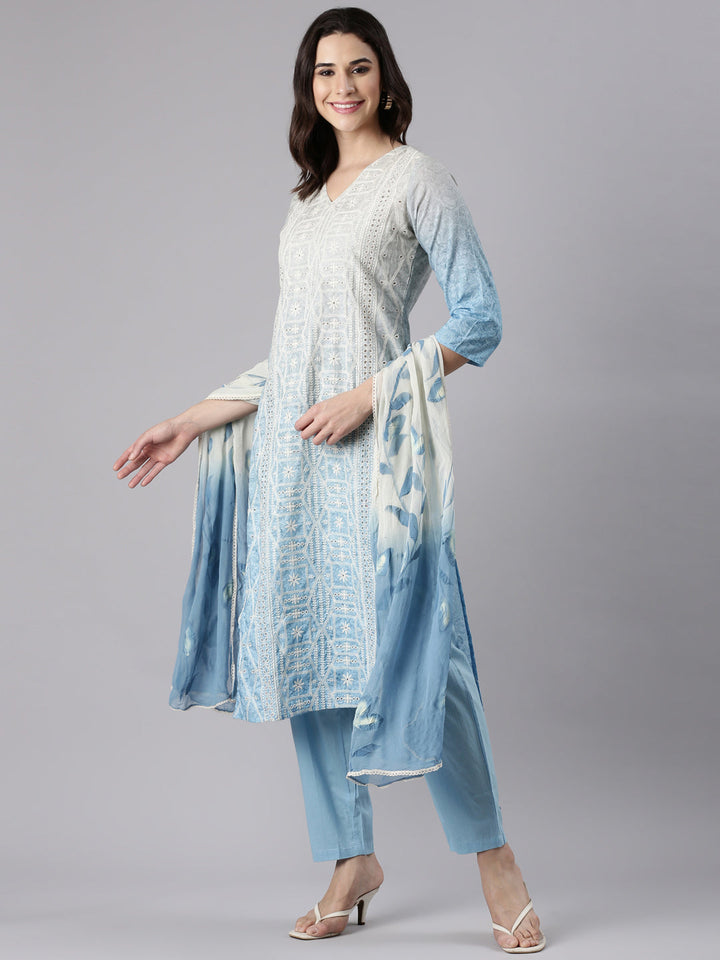 Blue Cotton Chiken Work Three Piece Set