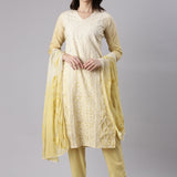 Yellow Cotton Chiken Work Three Piece Set