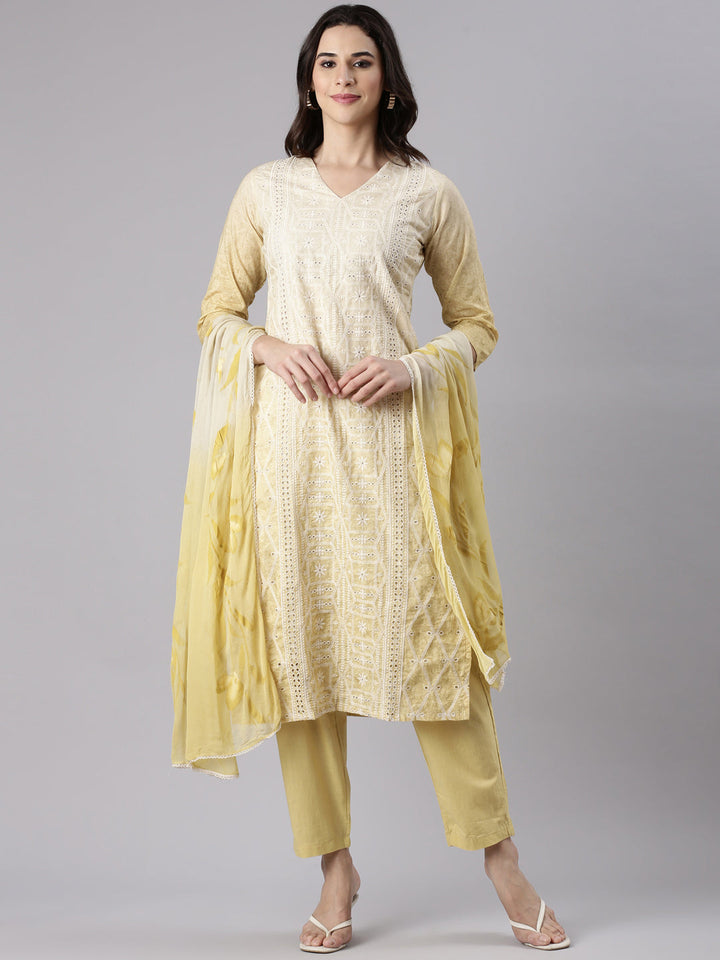 Yellow Cotton Chiken Work Three Piece Set
