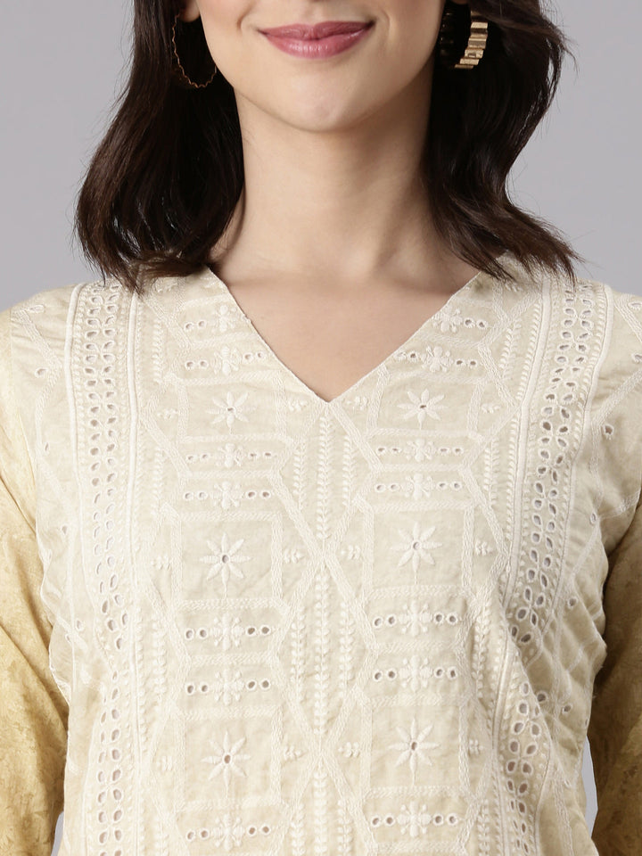 Yellow Cotton Chiken Work Three Piece Set