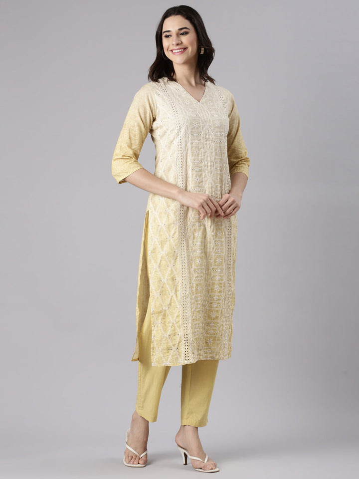 Yellow Cotton Chiken Work Three Piece Set