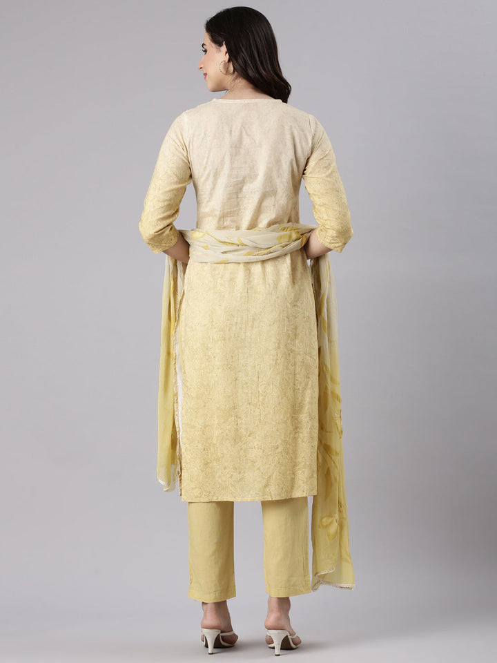 Yellow Cotton Chiken Work Three Piece Set