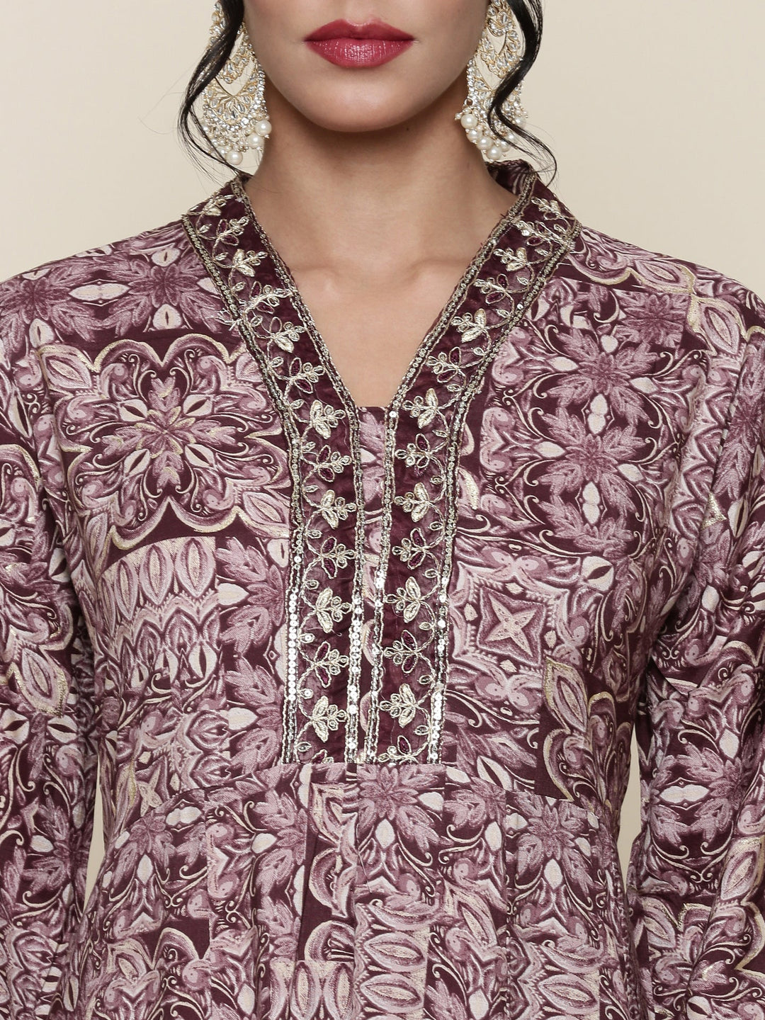 Neerus Maroon crepe digital printed suit set - detail view 1