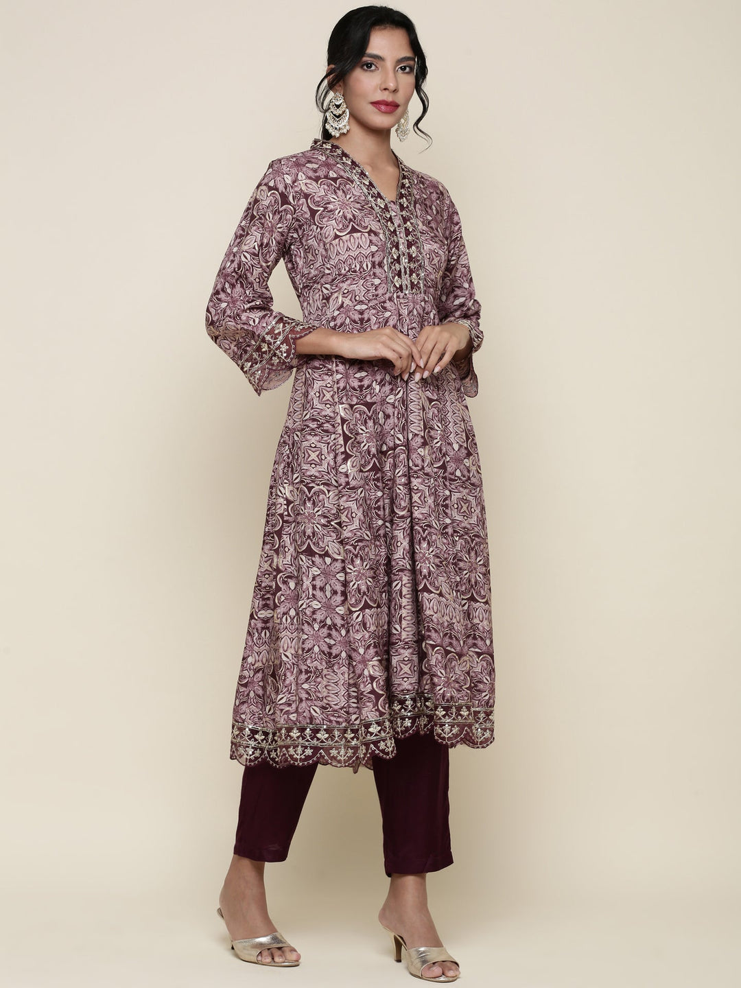 Neerus Maroon crepe digital printed suit set - back view