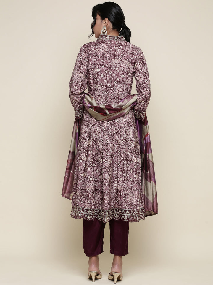 Wine Digital Printed Crepe Modal Three piece suit set