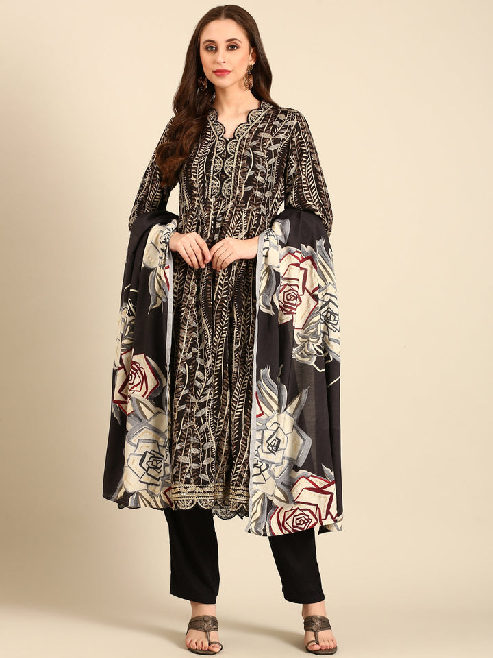 Black printed gold zari embroidery three piece suit set