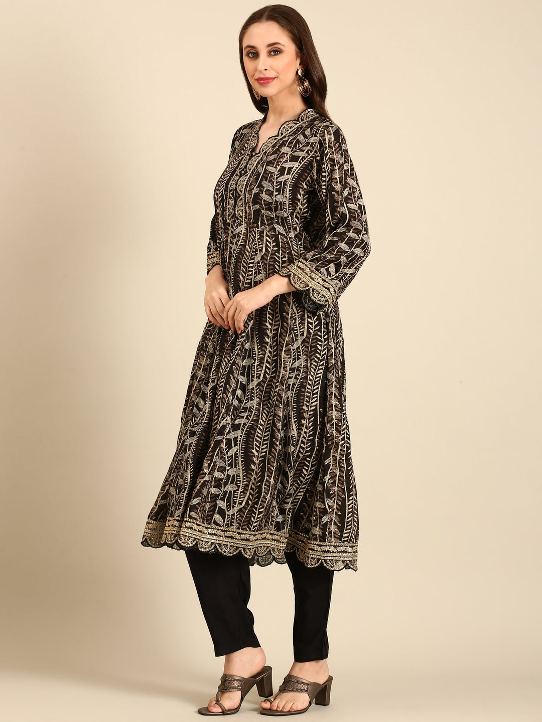 Neerus Black modal embellished anarkali suit set - side view