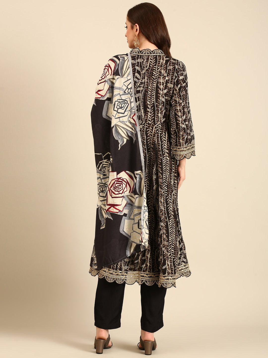 Neerus Black modal embellished anarkali suit set - detail view 1