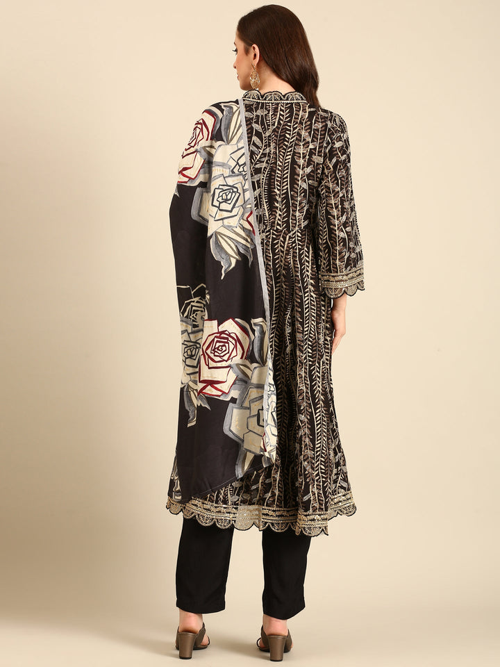Black printed gold zari embroidery three piece suit set