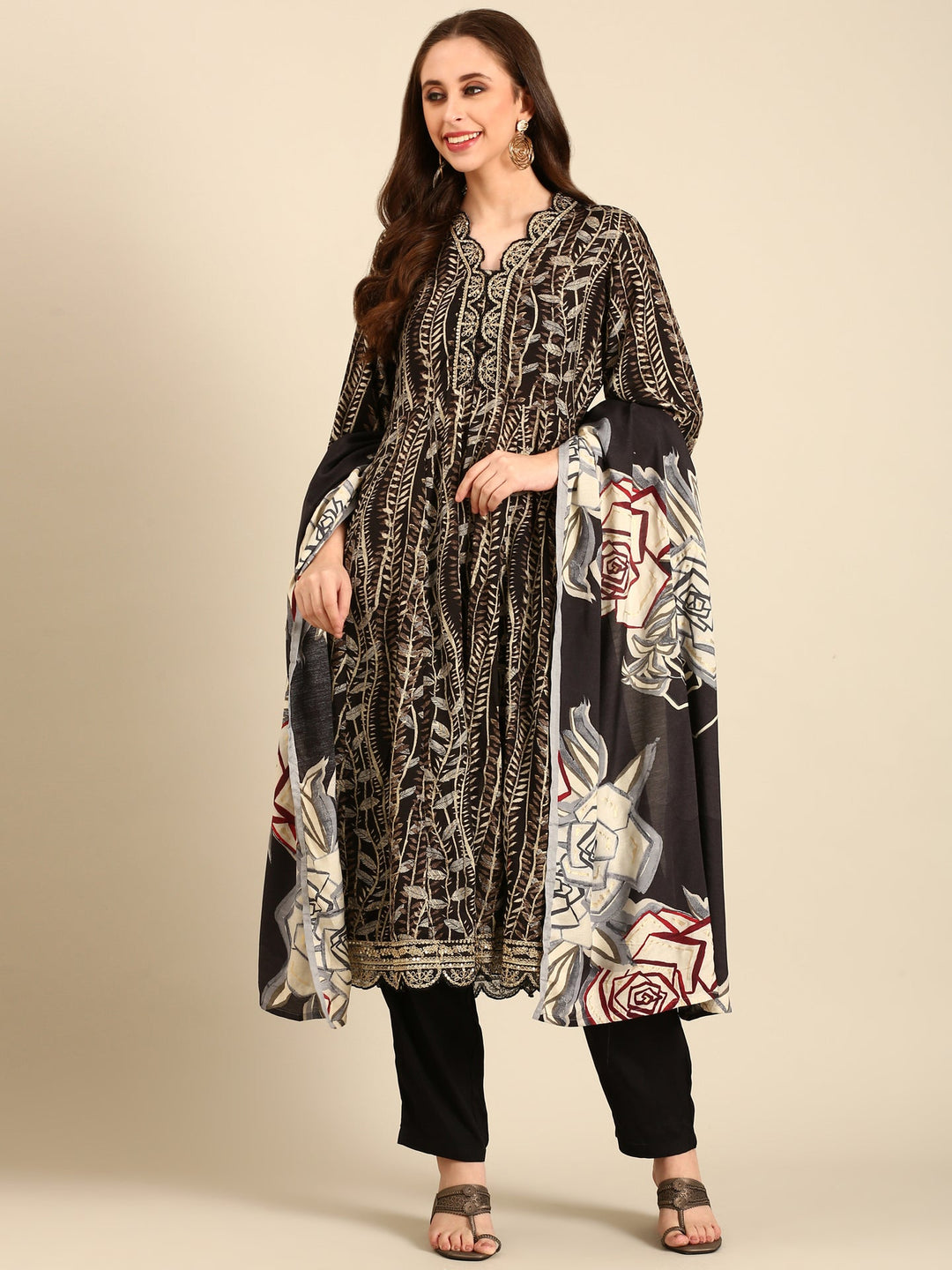 Neerus Black modal embellished anarkali suit set - front view