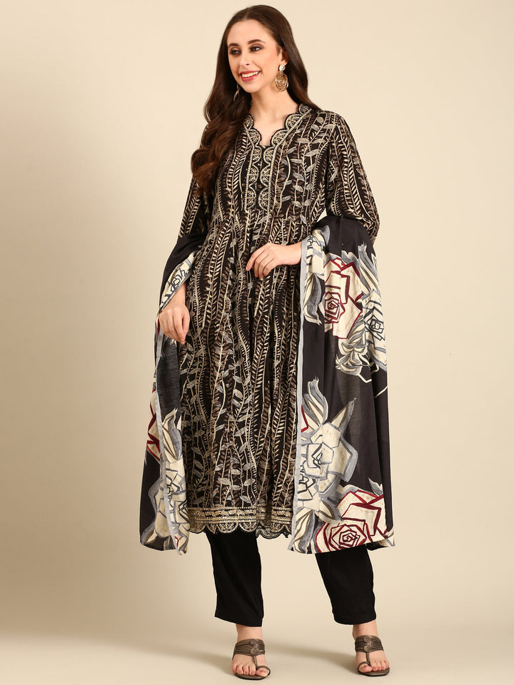 Black printed gold zari embroidery three piece suit set