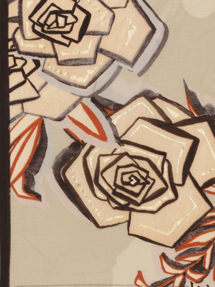 Cream and black printed gold zari embroiderey three suit set