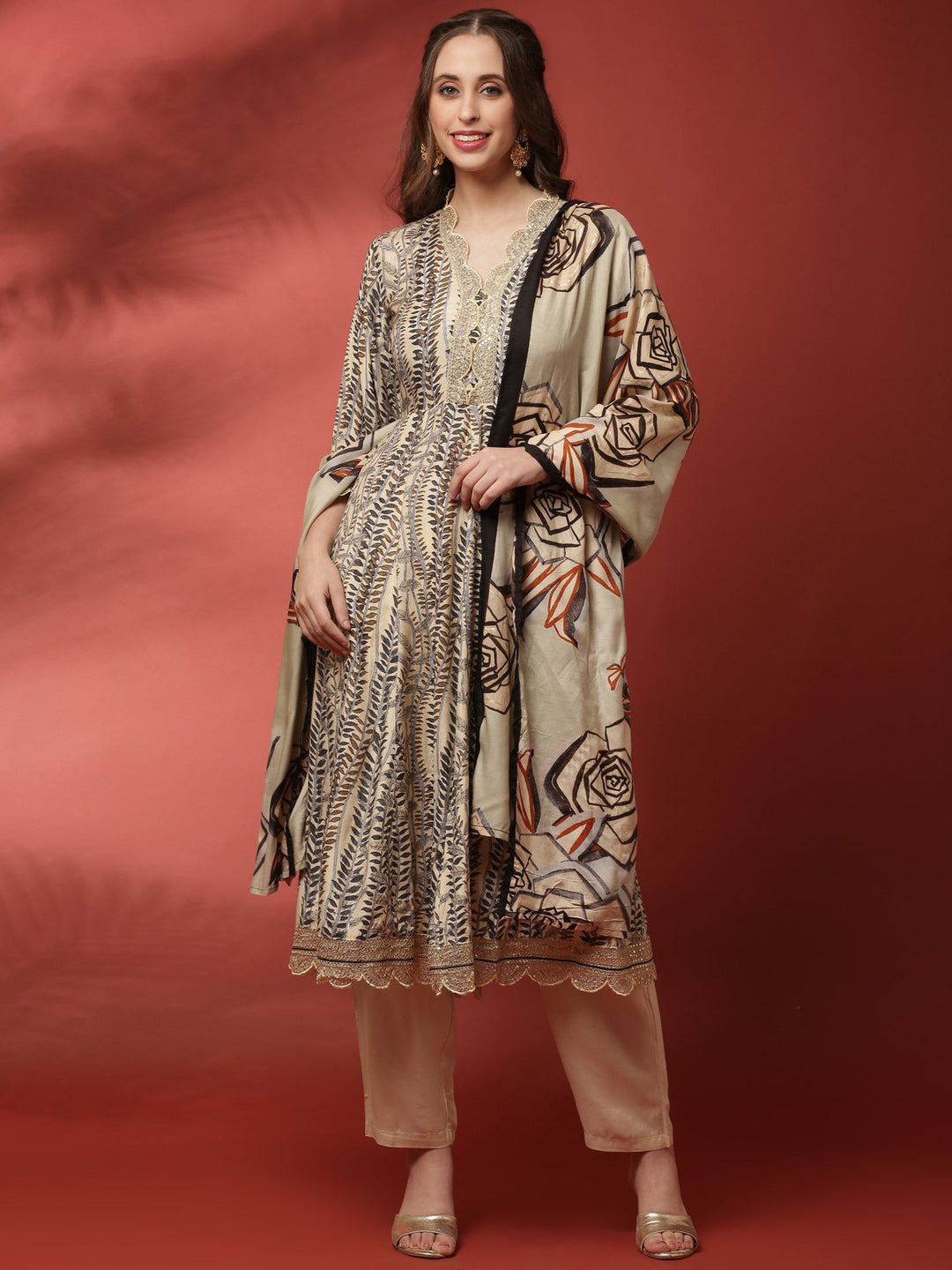 Neerus Beige modal embellished anarkali suit set - back view