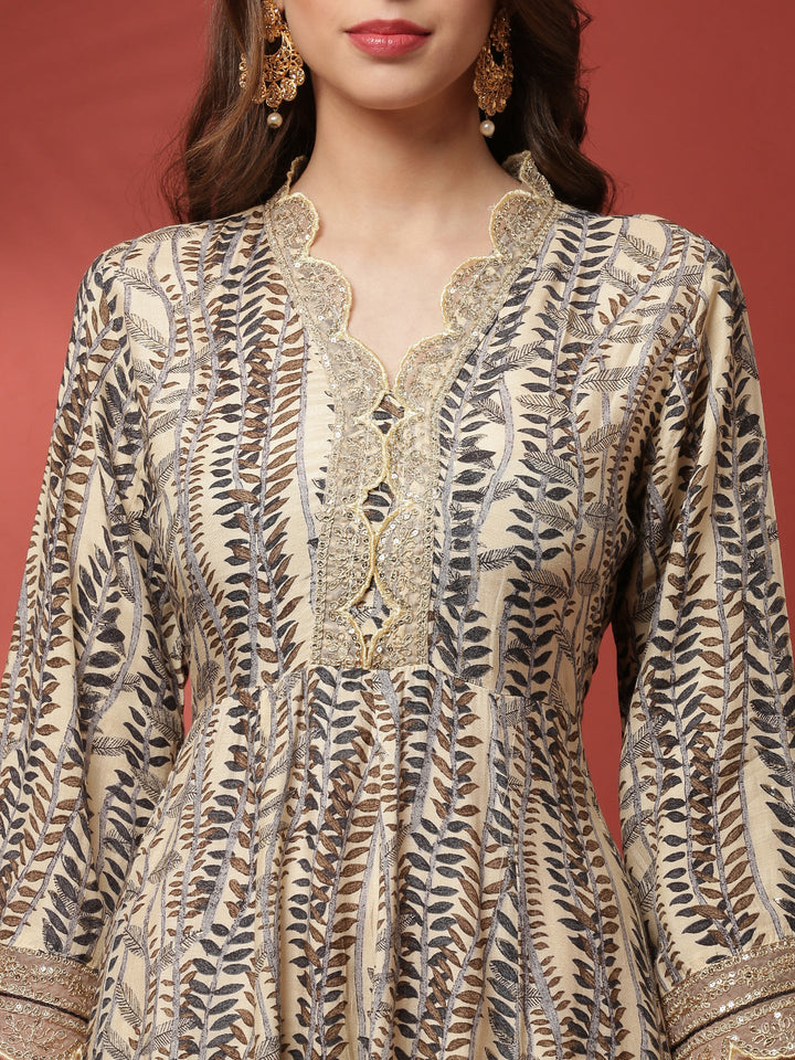 Cream and black printed gold zari embroiderey three suit set