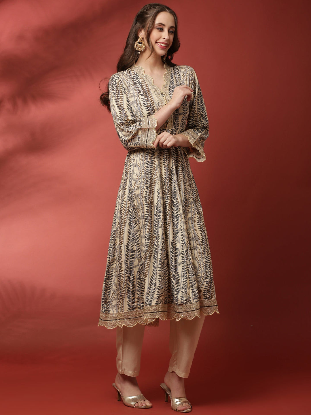 Neerus Beige modal embellished anarkali suit set - side view