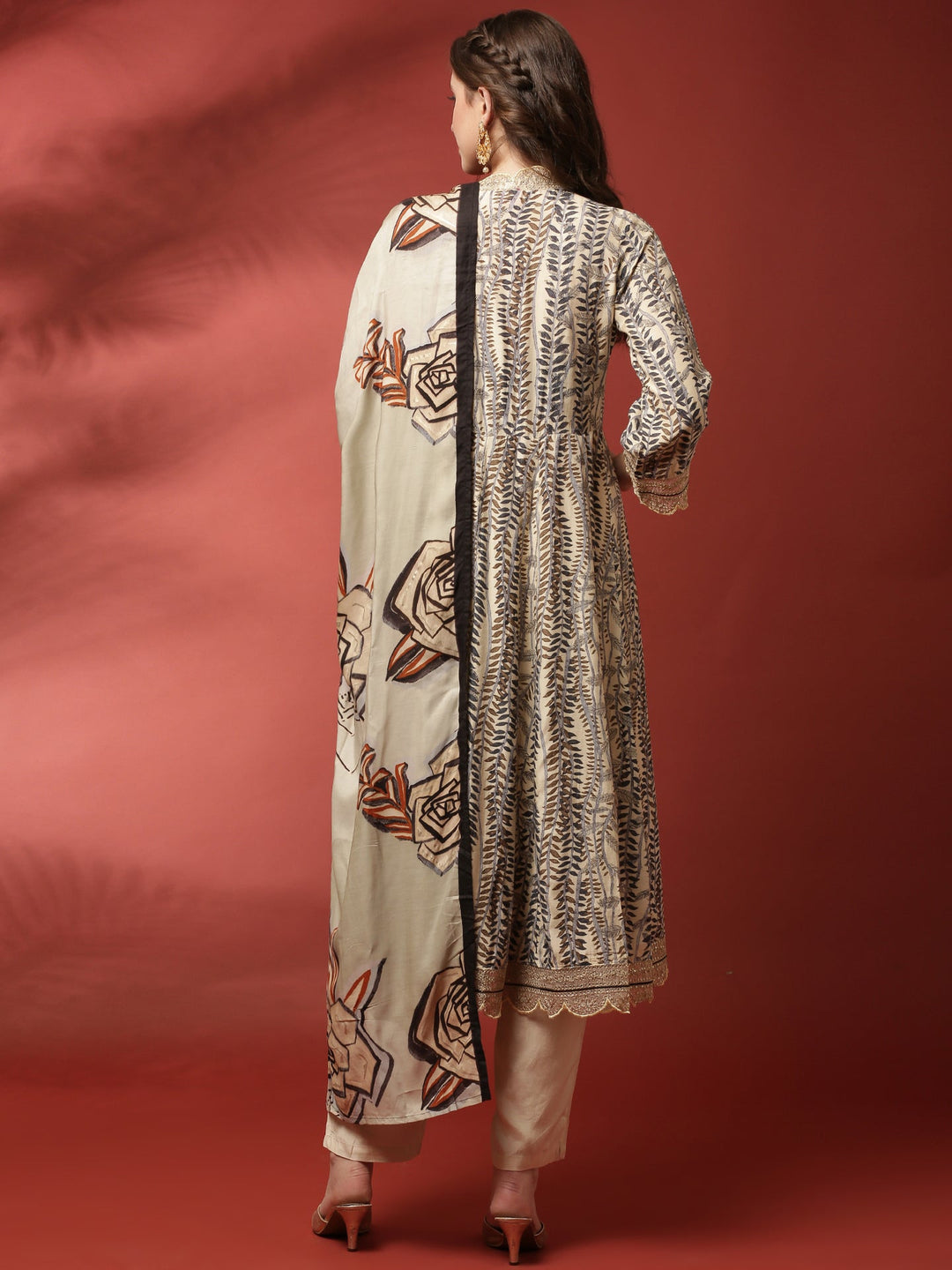Neerus Beige modal embellished anarkali suit set - detail view 1