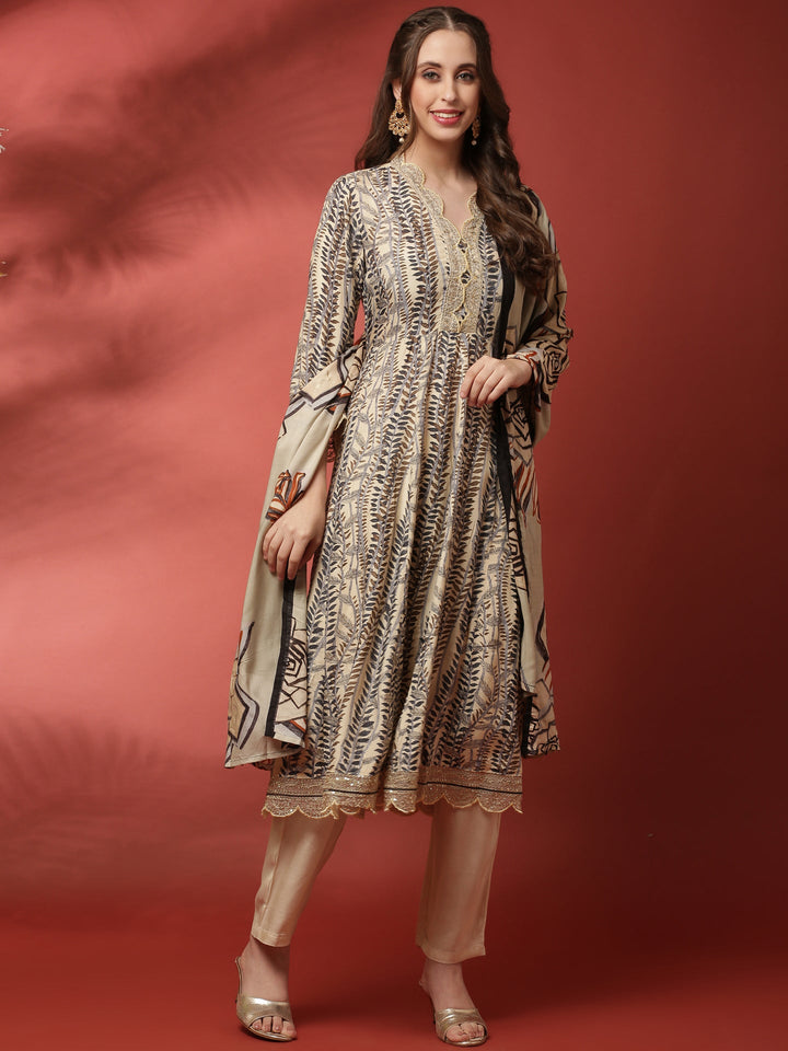 Cream and black printed gold zari embroiderey three suit set