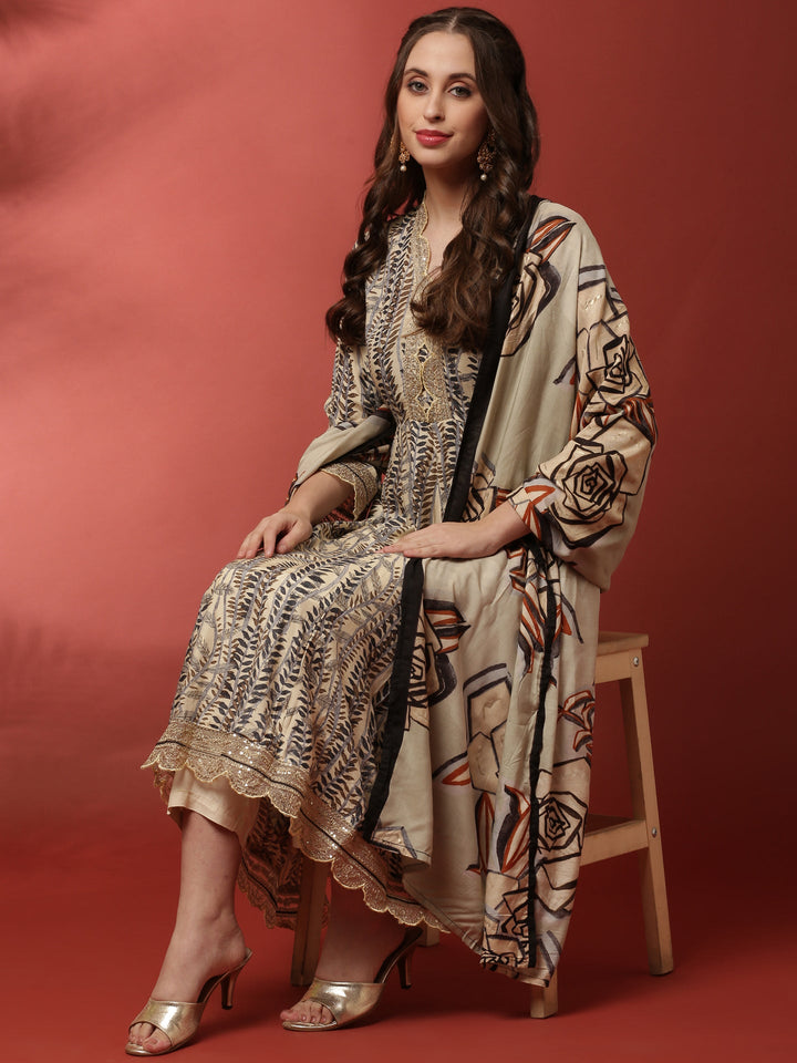 Cream and black printed gold zari embroiderey three suit set