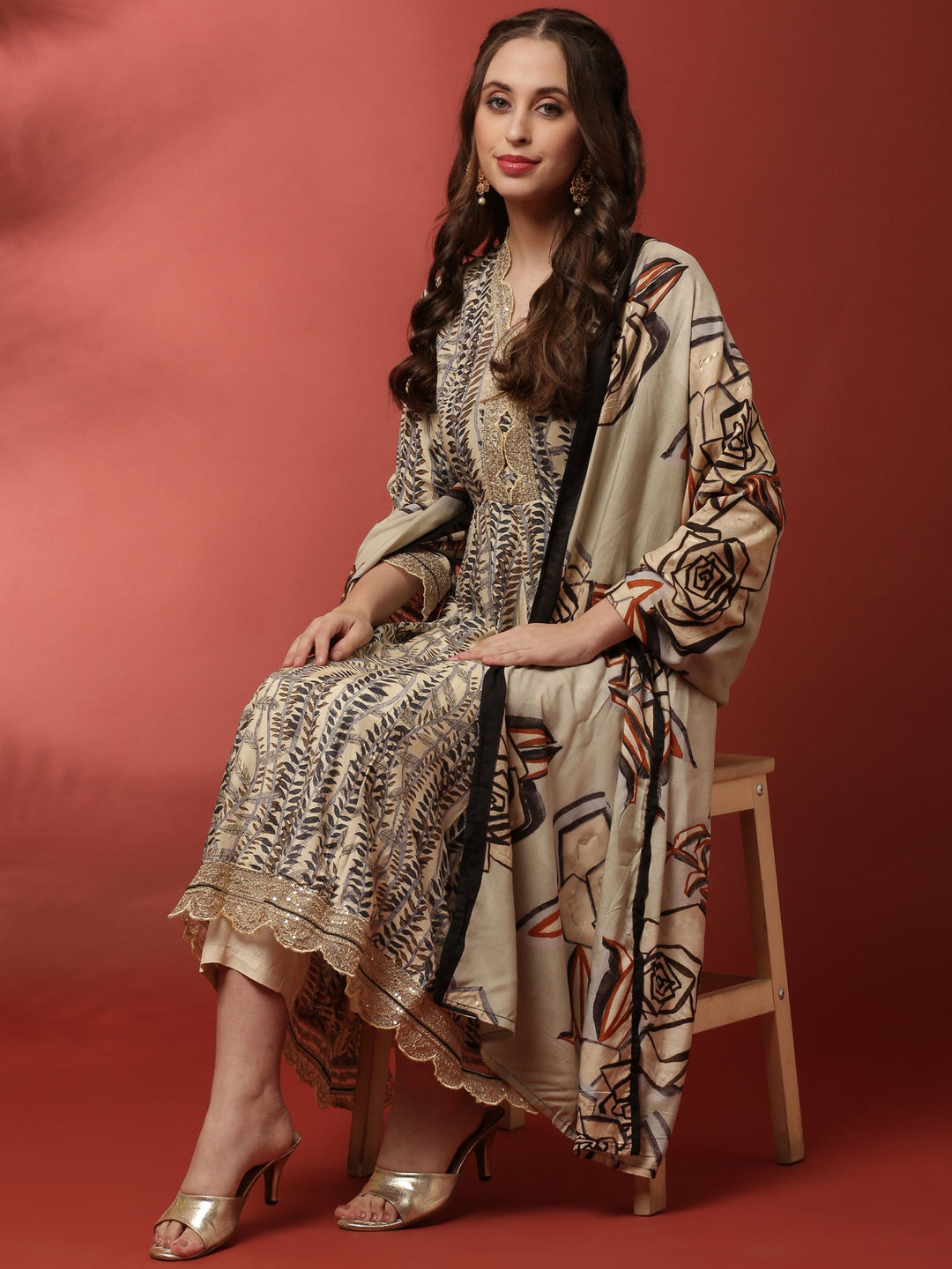 Neerus Beige modal embellished anarkali suit set - front view