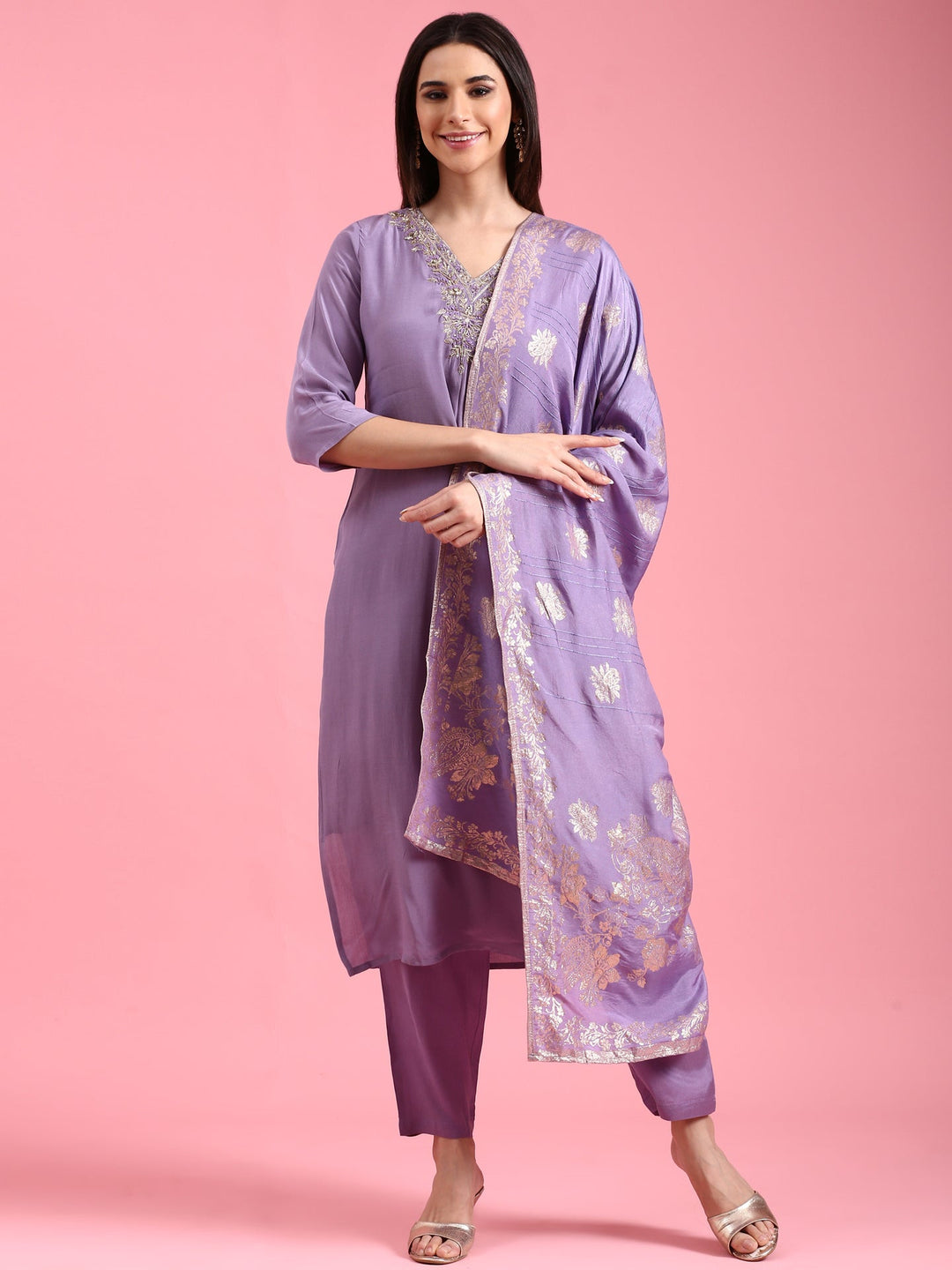 Neerus Purple viscose embroidered suit set - front view