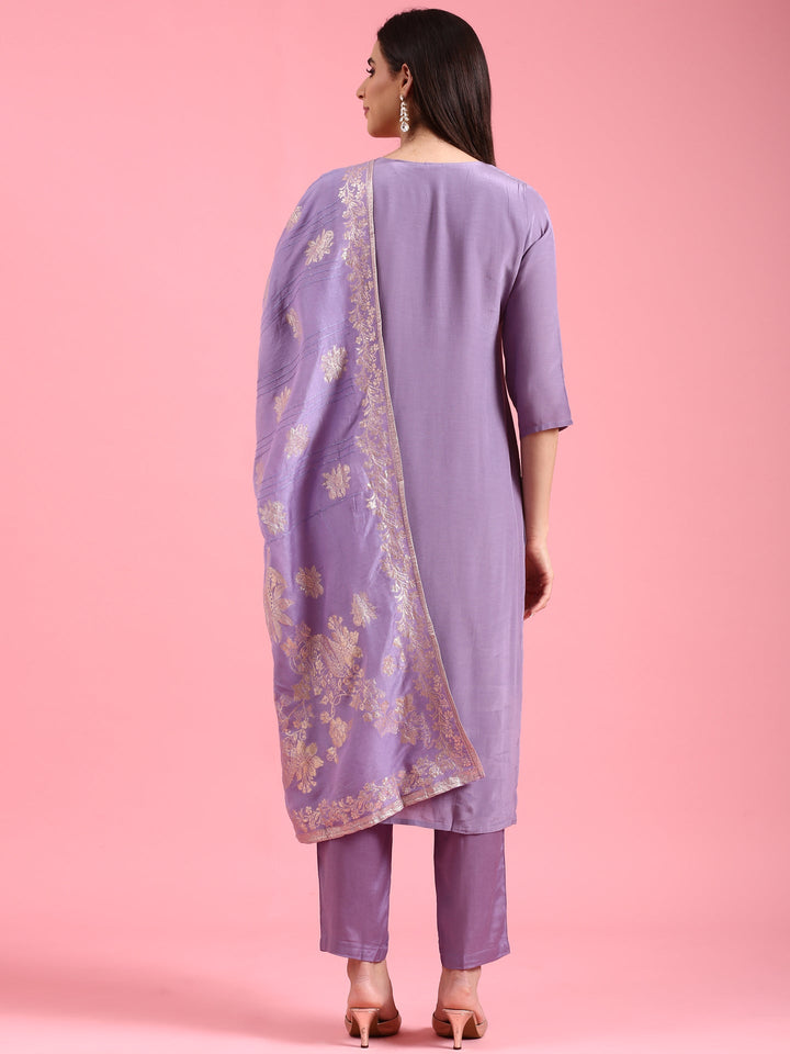 Neerus Purple viscose embroidered suit set - side view