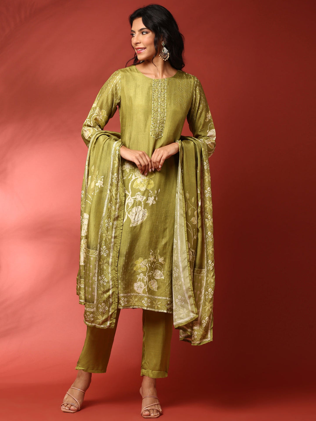 Neerus Green silk embroidered suit set - front view
