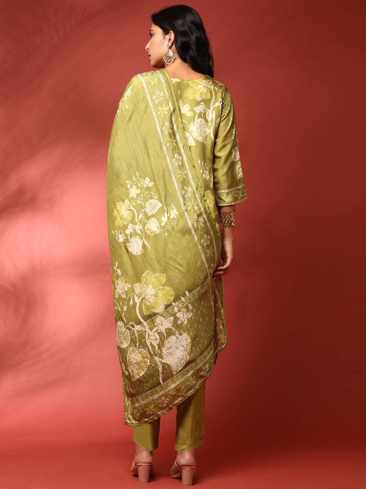 Neerus Green silk embroidered suit set - side view