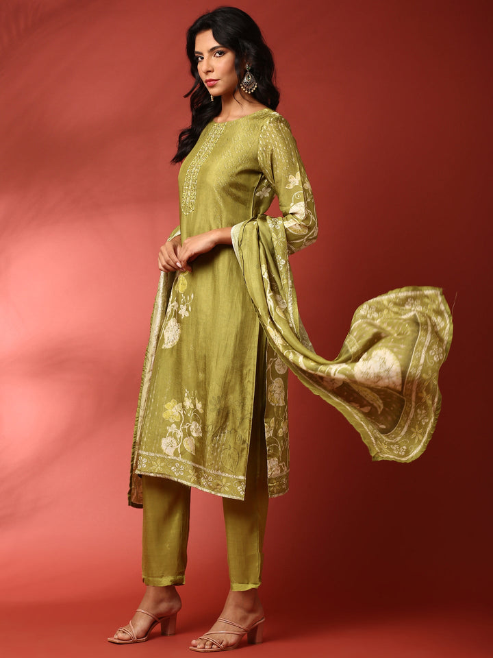 Green dola silk embroidered three piece suit set